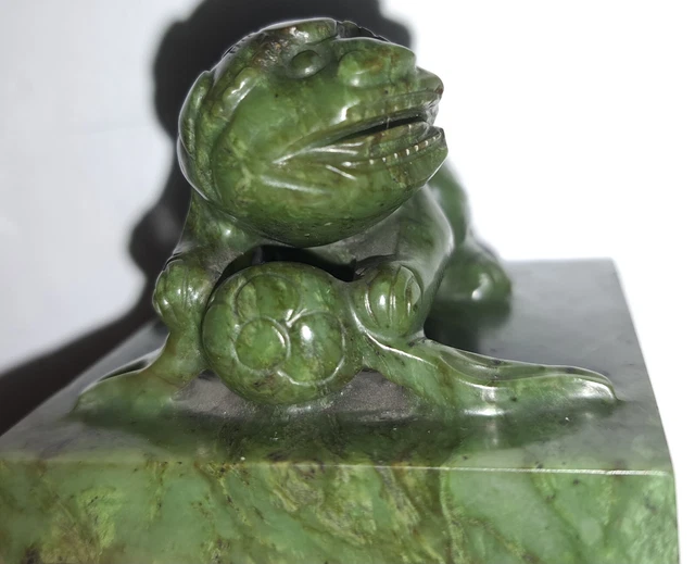 Antique Chinese Hand Carved Jade Seal Depicting Mythical Creature Holding A Ball
