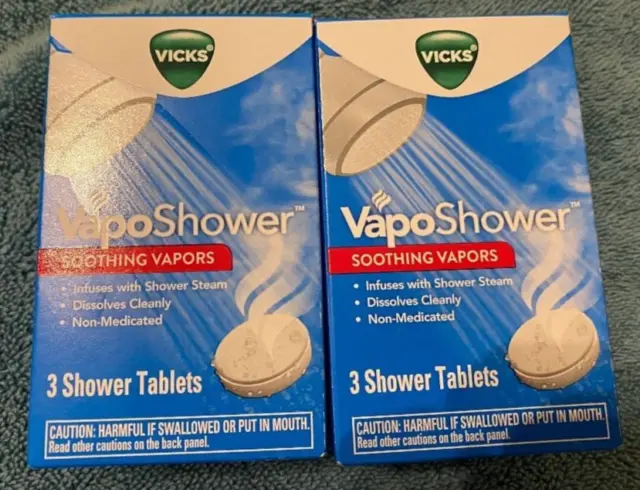 Dos (2) tabletas de ducha de vapores calmantes Vicks VapoShower paquete de 3 cada una