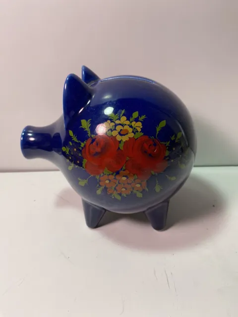 Vintage COBALT BLUE Ceramic Pig / Piggy Bank 1970s Hand Painted Roses