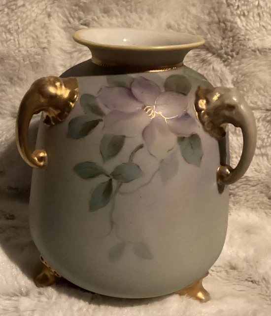 ANTIQUE VASE URN Nippon Moriage Hand Painted Footed 3 Elephant Head