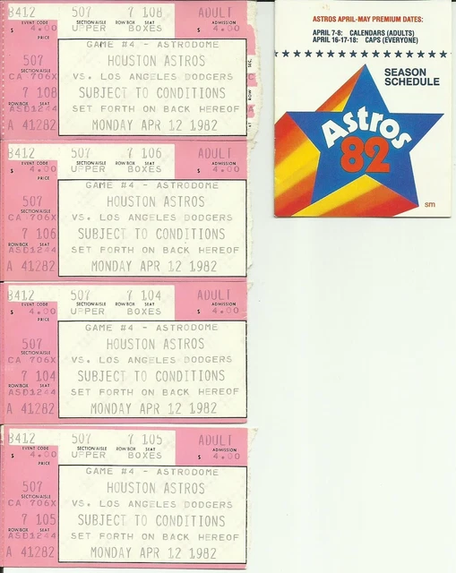 1982 HOUSTON ASTROS vs Los Angeles Dodgers MLB jeu stub lot de billets ...