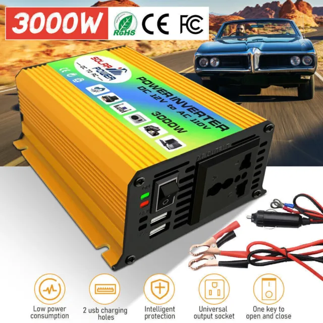 3000W Power Inverter 12V DC To 110V AC Cable Car Sine Wave Solar Converter 2USB