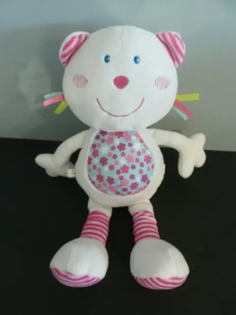F1- Doudou Peluche Aubert P'tit Bisou Chat Ours Blanc Rose Bleu Fleur Raye Ttbe*
