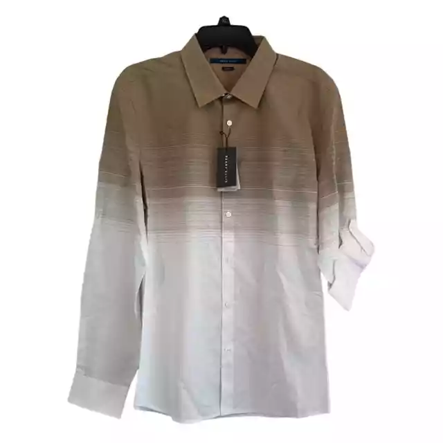 NWT- Perry Ellis Untucked Roll Sleeve Slim Ombre Button Up Shirt White/Tan XL