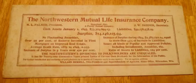 Northwestern Mutual Life Insurance Co.  Advertising Ink Blotter  c. 1895 antique