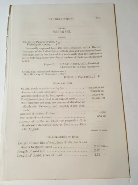 1866 train document SOUTHWARK RAILROAD Broad Queen Street Philadelphia PA