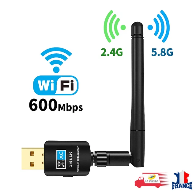 Clé WiFi USB Wireless Adaptateur 600Mbps Dongle 2.4/ 5GHz Double Bande Antenne