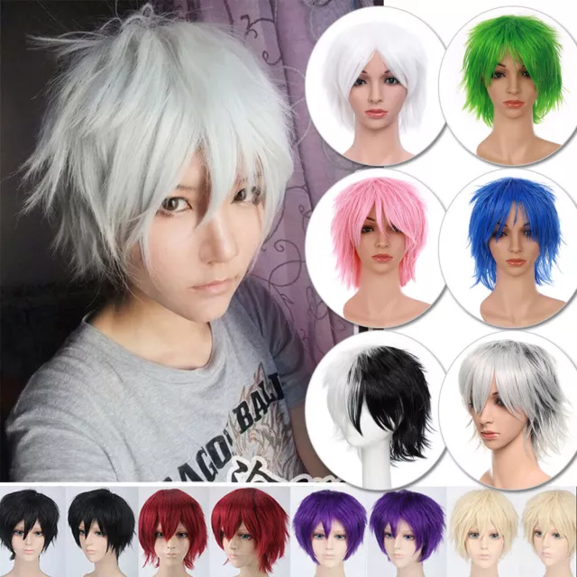 Womens Mens Anime Short Wig Cosplay Party Straight Hair Costume Full Wigs White