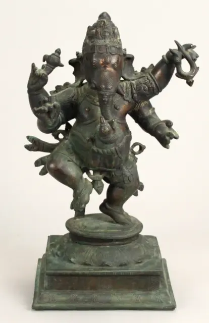 =18th/19th C. Patinated Bronze 15.5" Tall Statue of Dancing Ganesha, South India