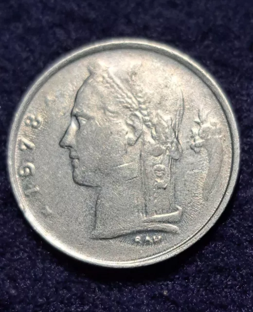 1978 Belgium 1 Franc French Text Oak branch Goddess Ceres Cornicopia 21mm coin.