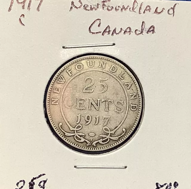 1917 C Canada Newfoundland 25 Cent Coin George V - Toned F Fine KM17