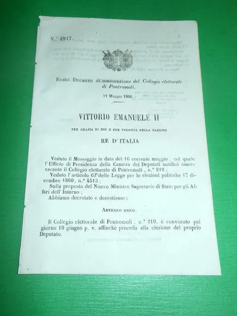 Regno Italia - Regio Decreto convocazione Collegio Elettorale di Pontremoli 1866