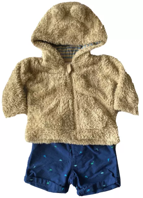 Furry Jacket Baby Boys Size 00 Beige Hood Zip Size 0 Dinosaur Shorts Navy New