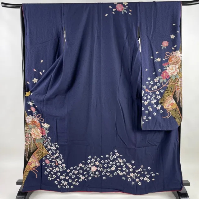 Japanese Silk Kimono Furisode Gold Foil Thread Red Flower Cherry Peony EX 63"