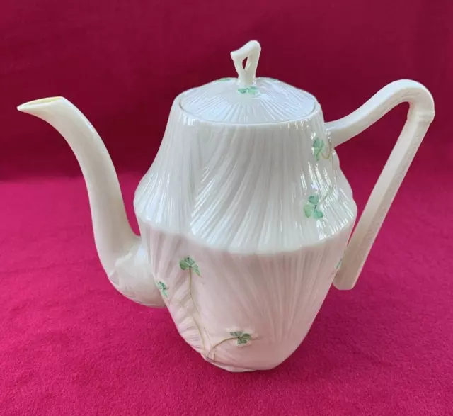 Belleek Pottery (Ireland) Harp Handle Shamrock Tea / Coffee Pot w/ lid 5th mark