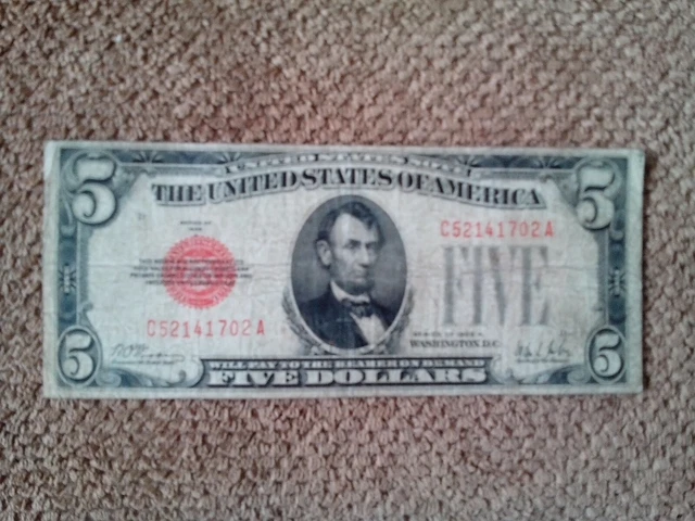 1928 Series A $5 Five Dollar Earlier Older Banknote, Crisp, Nice, Red Seal, Vf+