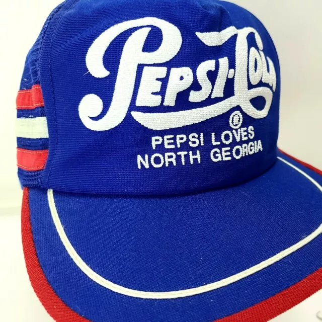 3 Stripe VTG Pepsi-Cola Hat Mesh Cap Snapback Loves North GA Blue White & Red