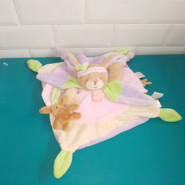 1709236 Peluche doudou plat et compagnie cie lapin mauve rose vert