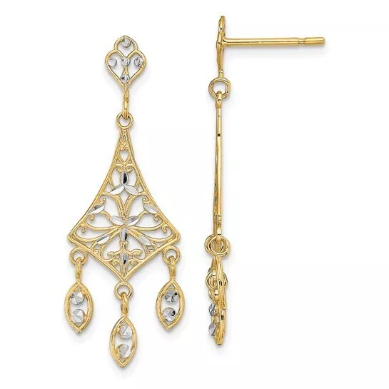 Solid 10K Yellow Gold Two Tone Filigree Chandeller Drop Dangle Earrings 1.40 in