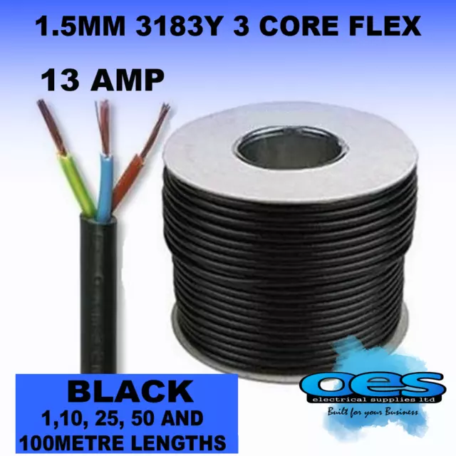 15m Metre 13 AMP BLACK Electrical Mains Wire Cable 3 Core Flexible 1.5mm