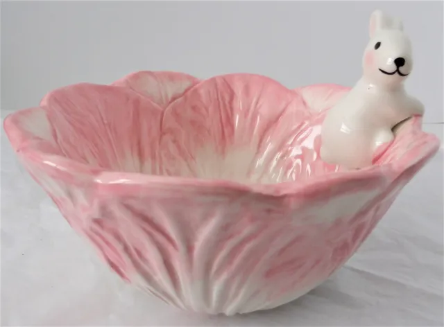 PINK Cabbage Bunny Bowl . 6" . Majolica Style . Textured . Precious Bunny Rabbit