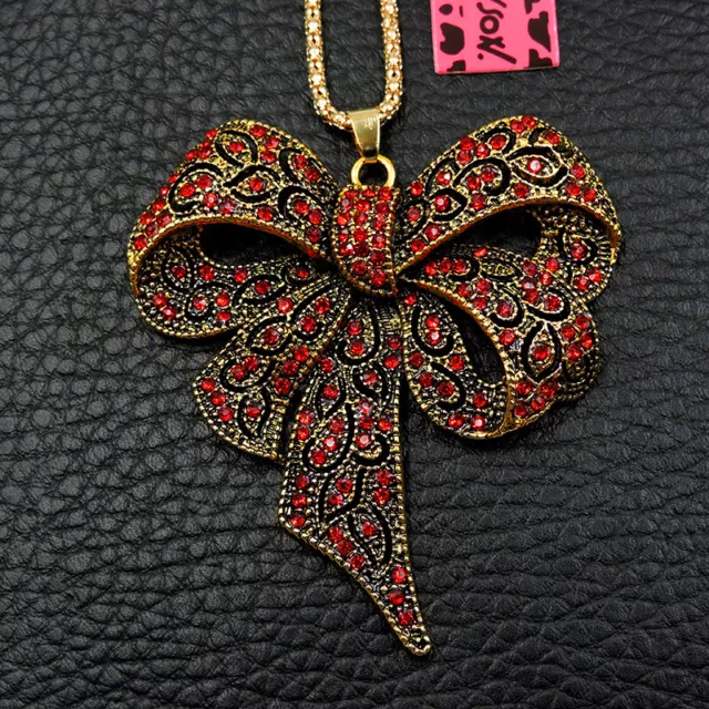 Hot Red Rhinestone Bowknot Bling Crystal Pendant Betsey Johnson Necklace