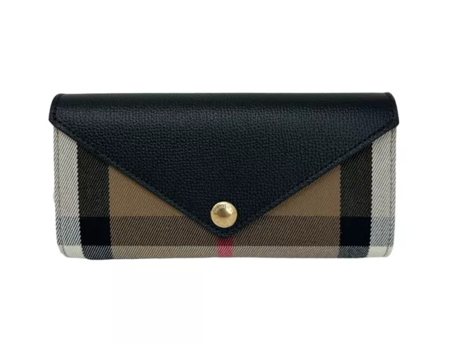 Burberry Halton Check Grainy Black Leather Long Continental Clutch Wallet $630