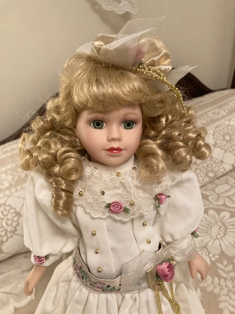 The Hamilton Collection 16" Blonde Curly Porcelain Doll on Stand 1990's