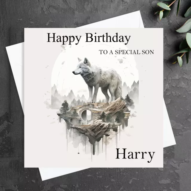 Personalised Birthday Card Wolf For Son Grandson Brother Father Husband