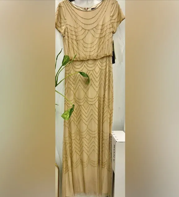 Adrianna Papell Sequined Beaded Long Evening Dress Gown Short SLEEVE Sz 6 Beige