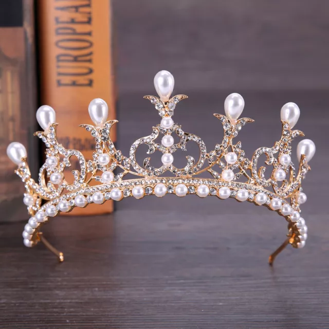 6cm Tall Elegant Gold Big Pearl Crystal Wedding Queen Princess Prom Tiara Crown