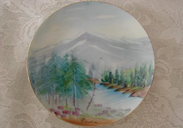 Vintage Hand Painted Blues & Greens Lake & Mountain Scene Plate - Signed