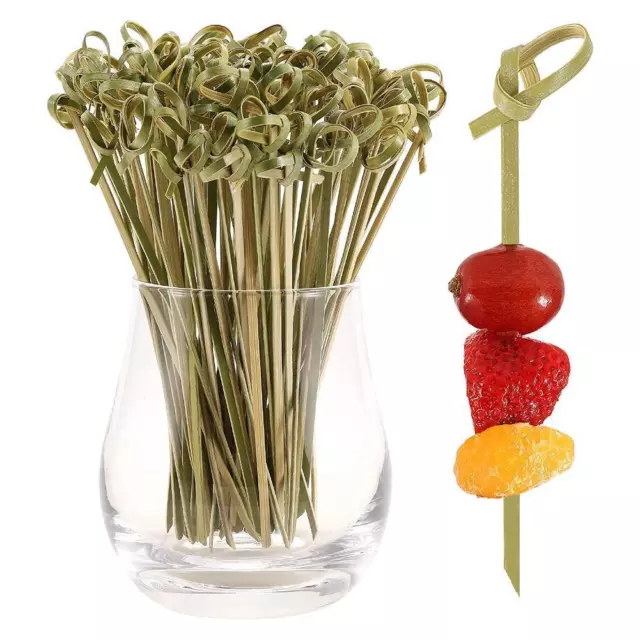 100pc Bamboo Heart Bead Fruit Cocktail Picks Sticks Toothpick 12cm Decor O6J3