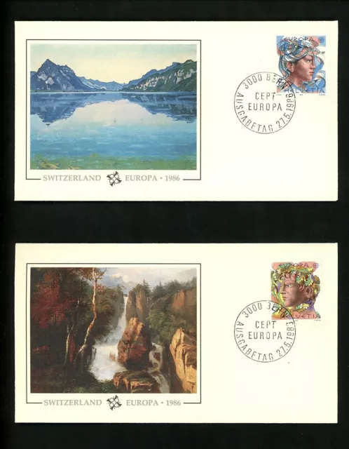 Postal History Switzerland FDC #777-778 SET OF 2 Europa woman scenery lake 1986