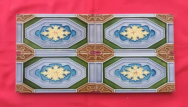 4 Piece Old Art Deco Flower Design Embossed Majolica Ceramic Tiles Japan 0194
