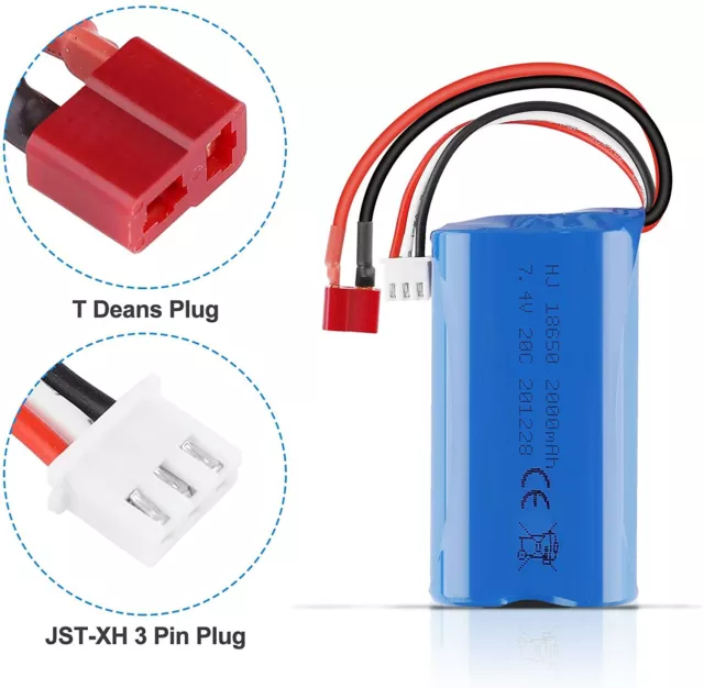 2 x 2000mAh 7,4V 2S Li-Ion Batería Conector T 20C con Cargador USB para Coche RC 2