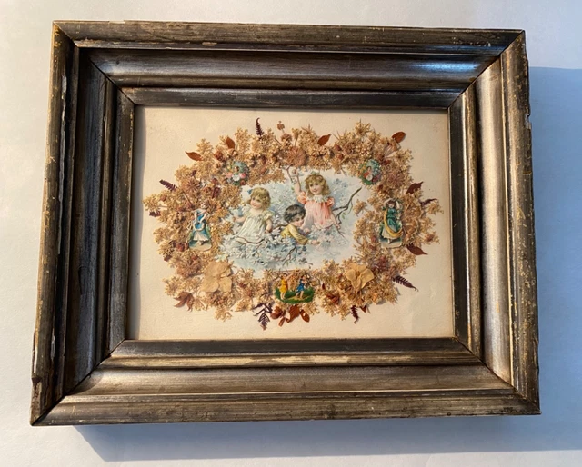 cadre tableau vintage fleurs séchées 30/ 16 signé | UK