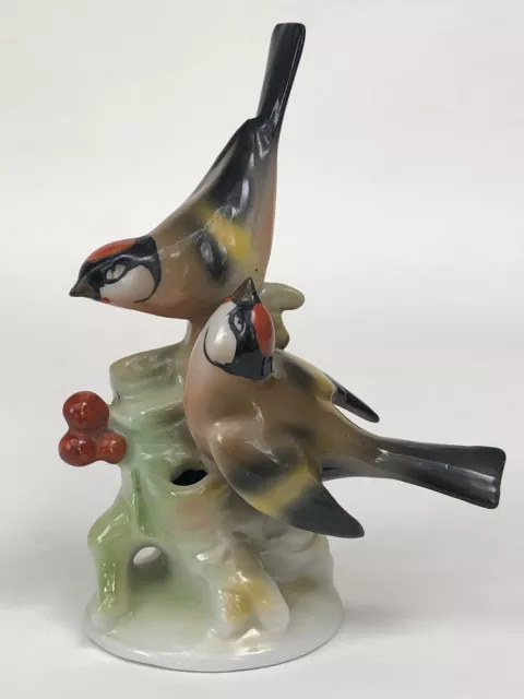 Superbe ancienne FIGURINE 2 OISEAUX CHARDONNERETS VASE SOLIFLORE porcelaine TBE