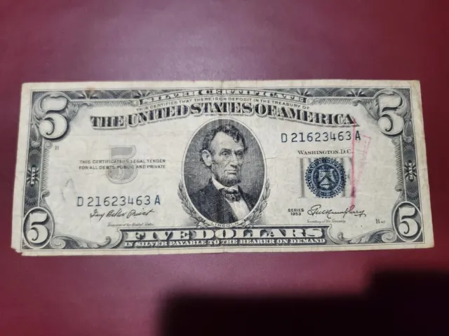 1953 Series $5 Dollar Silver Certificate Blue Seal Circulated American Note