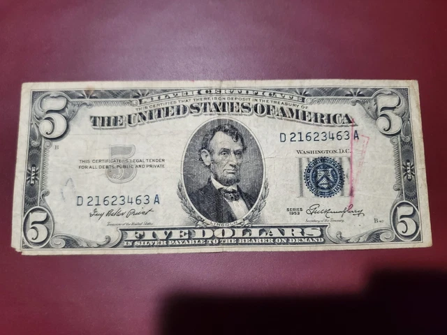 1953 Series $5 Dollar Silver Certificate Blue Seal Circulated American Note