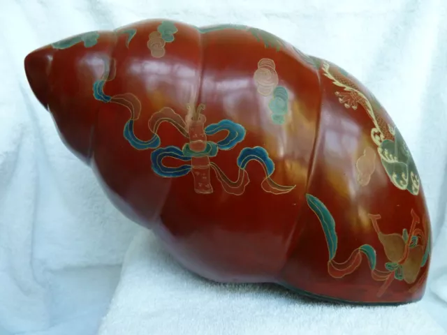 Red Lacquer Seashell - With A Secret!  Antique Chinese Box / Very Good