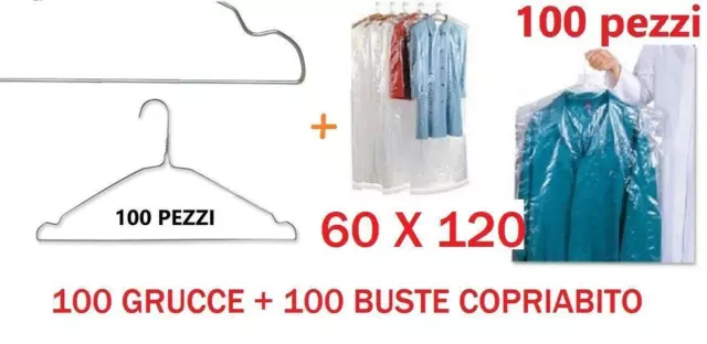 100 Grucce Metallo+100 Buste Copriabiti Cappotti  60x120 Cm speciale lavanderie