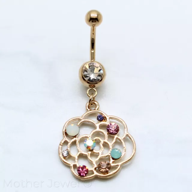 14K Yellow Gold Ip Blossom Flower Rainbow Cz Dangle Navel Belly Button Ring