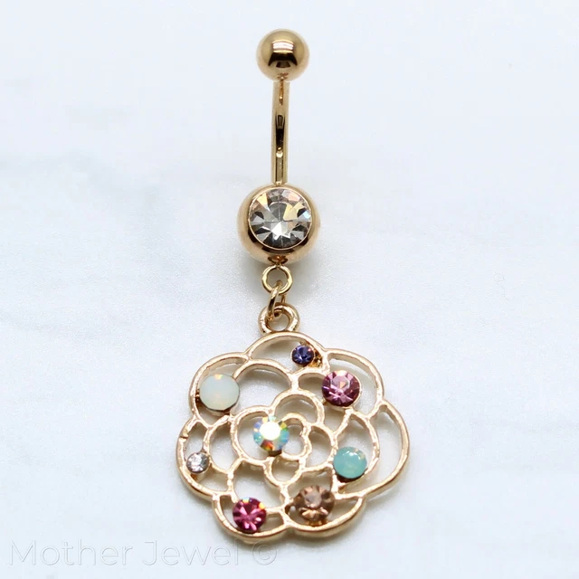 14K Yellow Gold Ip Blossom Flower Rainbow Cz Dangle Navel Belly Button Ring