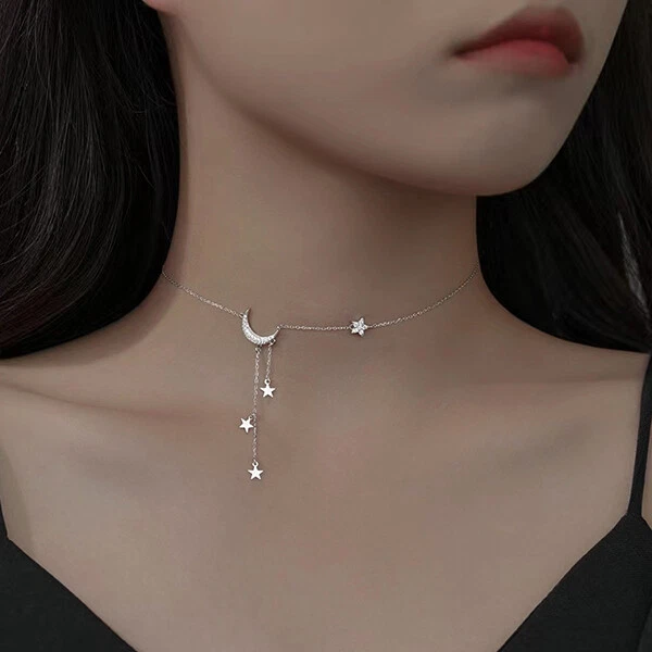 925 Silver Filled Star Moon Pendant Chain Necklace Womens Girls Jewellery Choker 2