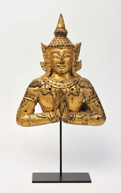 19th Century, Antique Thai Wooden Angel with Gilded Gold
