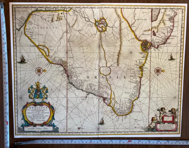 Old Historic Antique vintage Colour Blaeu Map of Brazil 1600s: REPRINT