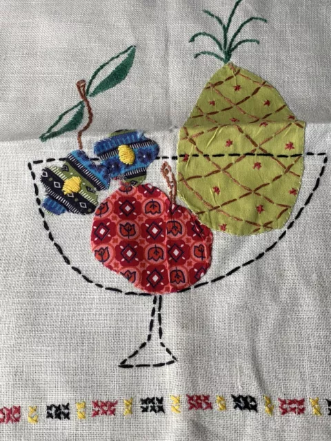 Vtg Cotton Tea Dish Towel Hand Embroidered appliquéd fruit bowl pineapple retro