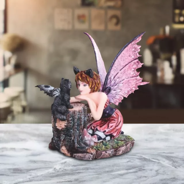 6"H Pink Fairy with Black Cat Statue Fantasy Decoration Figurine Room Decor