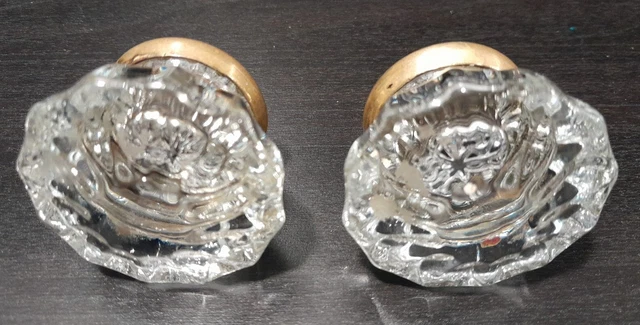 Pair of Vintage 12-Point Crystal Glass Door Knob Antique Golden Brass